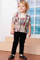 Fawn Printed T-shirt And Black Pant With Overcoat For Boys