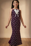 Wine and Silver Leaf Sequin Party Wear Gown With 3D Bow Appliqué For Girls