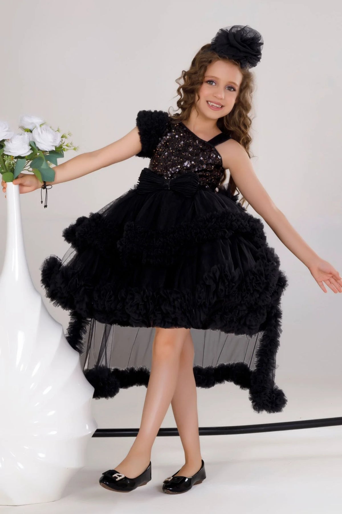 Black Ruffle Party Gown With Sequin Bows And High-Low Hem For Girls