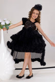 Black Ruffle Party Gown With Sequin Bows And High-Low Hem For Girls