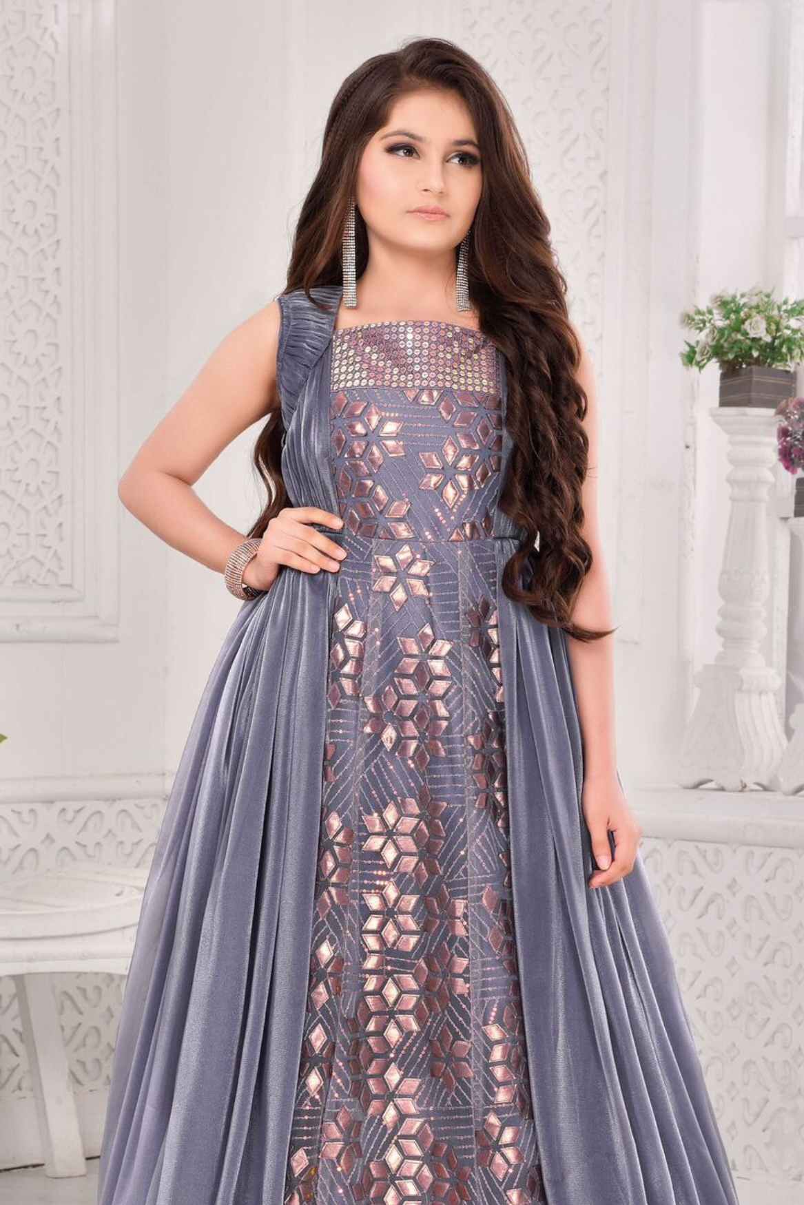 Designer Grey Festive Gown with Layered Cape Look For Girls