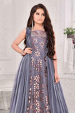 Designer Grey Festive Gown with Layered Cape Look For Girls