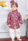 Wine Full Sleeves Bandhani Printed Kurta Set For Boys