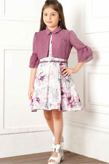 Wine Floral Printed Frock With Overcoat For Girls