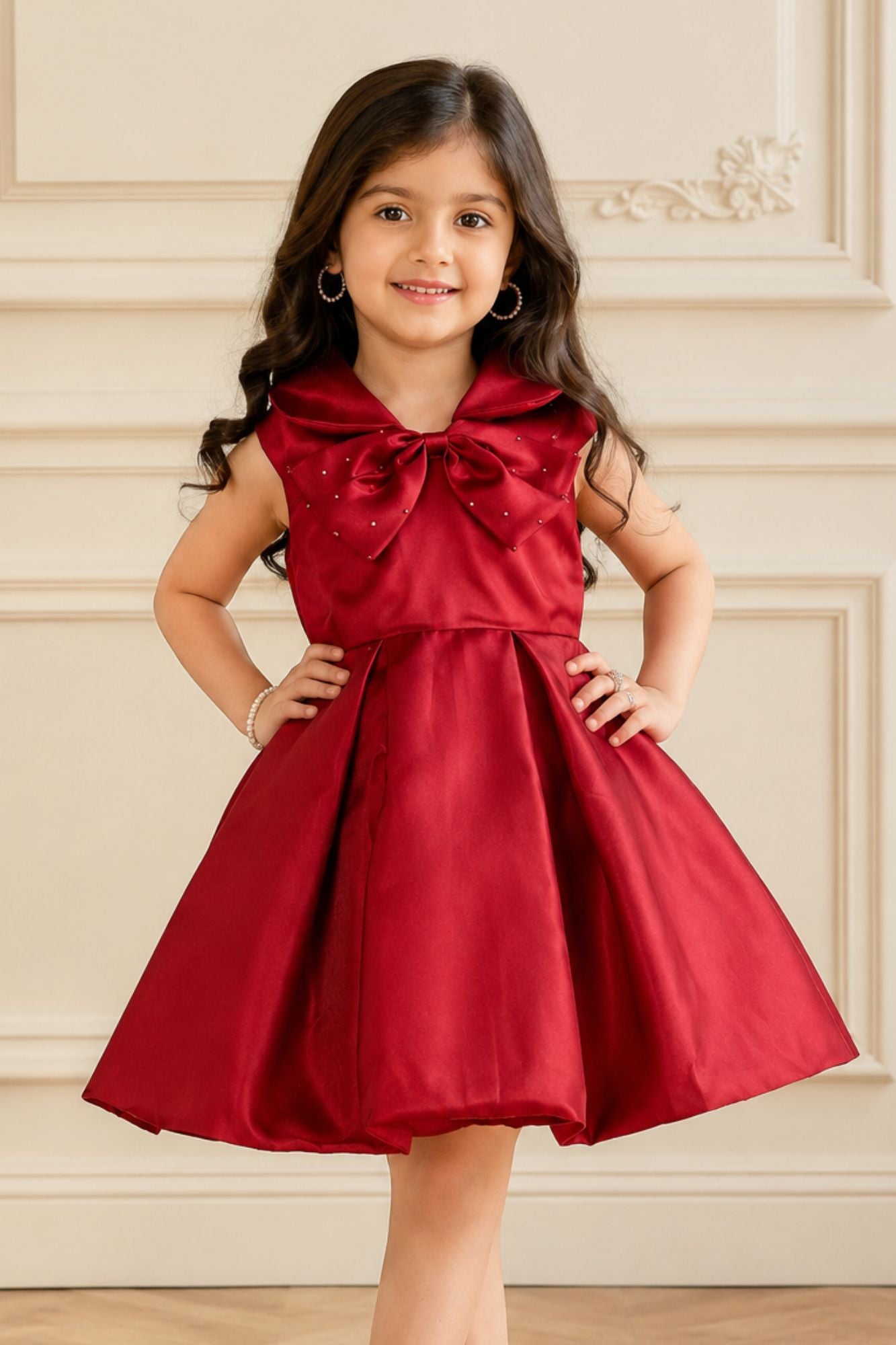 Maroon Bow Embellished Party Wear Frock For Girls