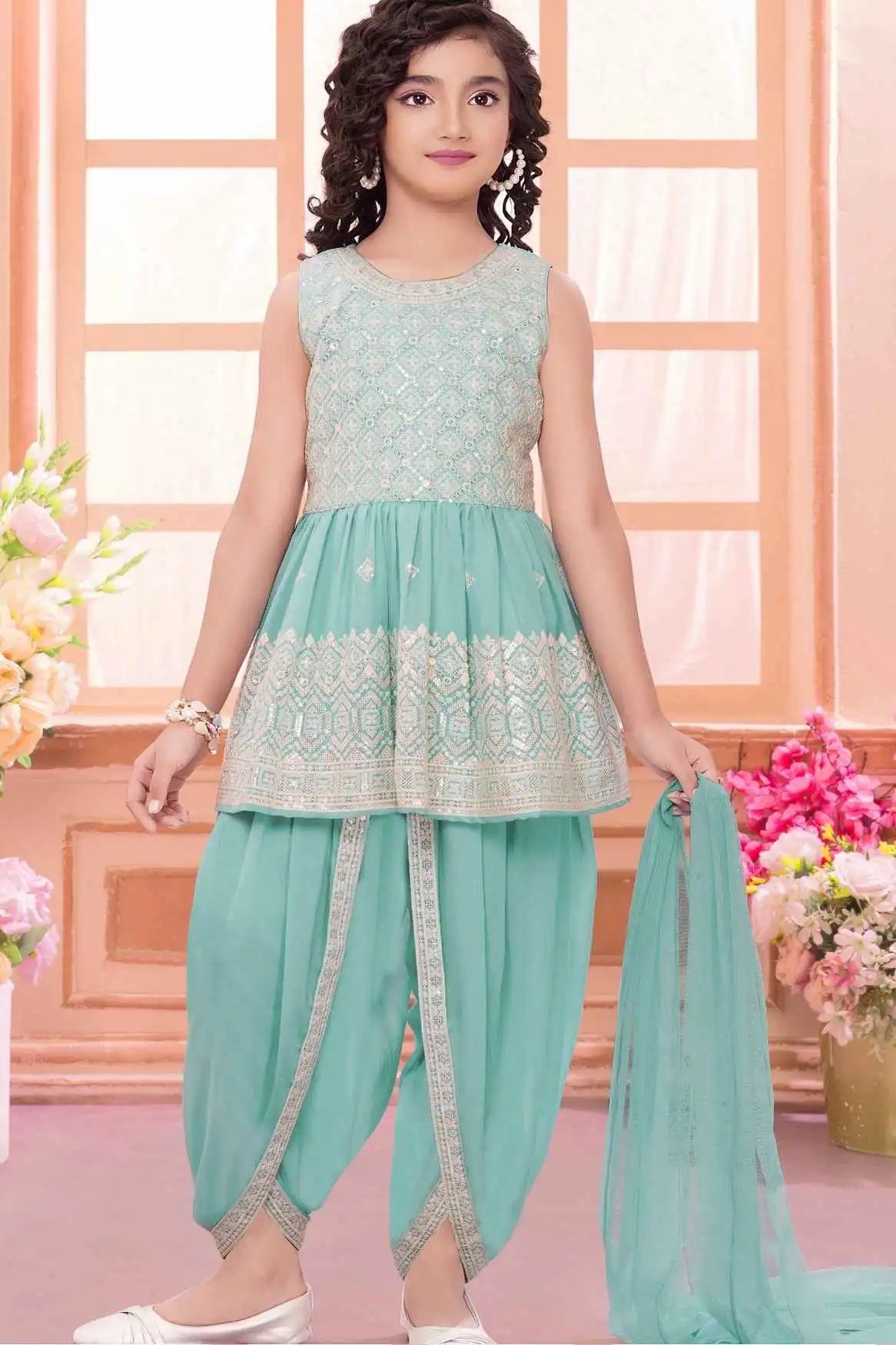 Sea Green Sequins Embroidered Dhoti Set With Peplum Kurti And Dupatta Lagorii Kids Sea Green Sequins Embroidered Dhoti Set With Peplum Kurti And Dupatta Lagorii Kids