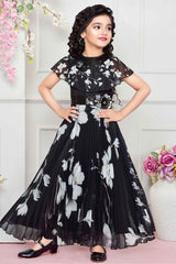 Black Printed Gown With Sequin And Floral Waist Band For Girls