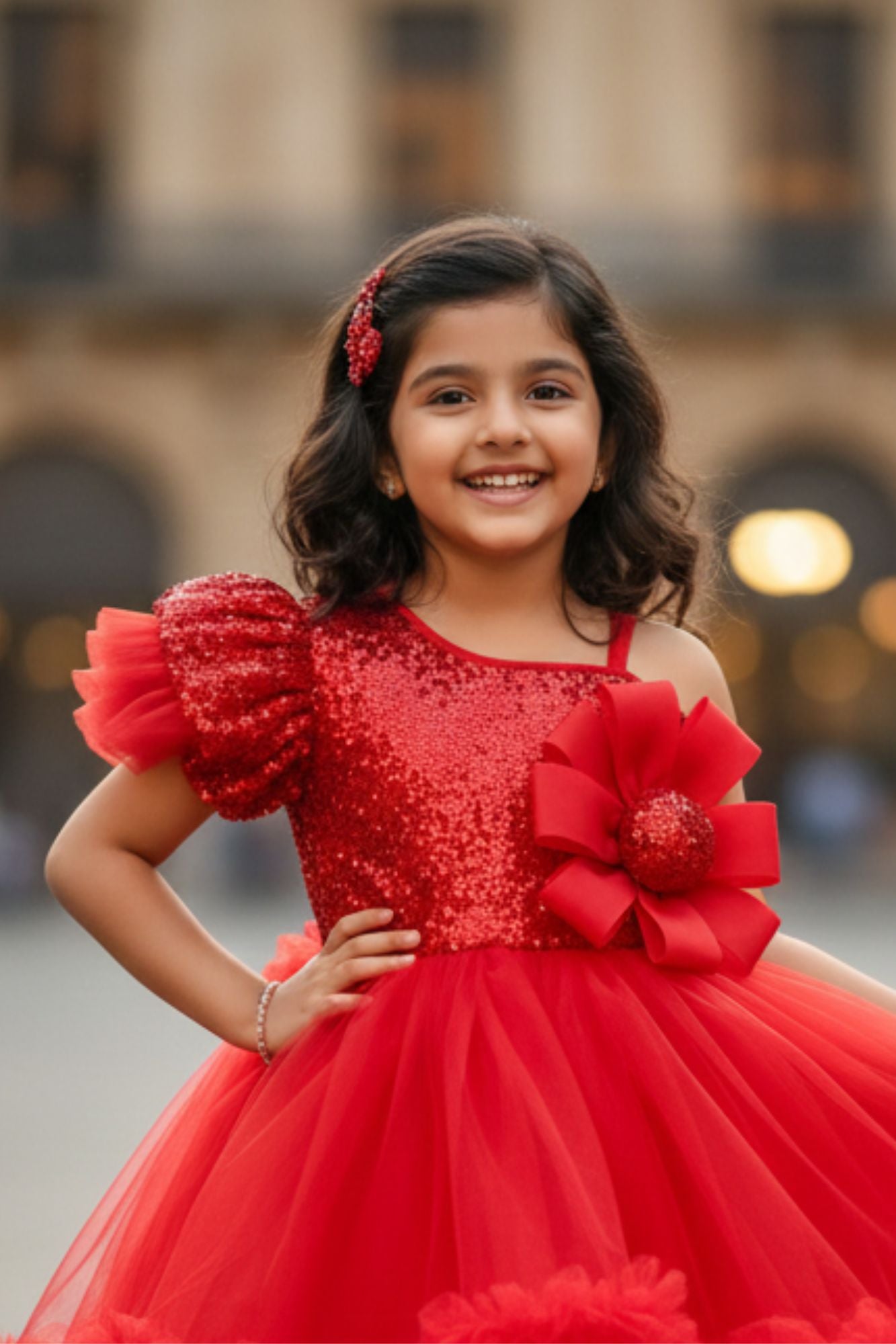 Red One-Shoulder Sequin Party Frock with Layered Tulle For Girls