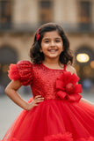 Red One-Shoulder Sequin Party Frock with Layered Tulle For Girls
