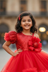 Red One-Shoulder Sequin Party Frock with Layered Tulle For Girls