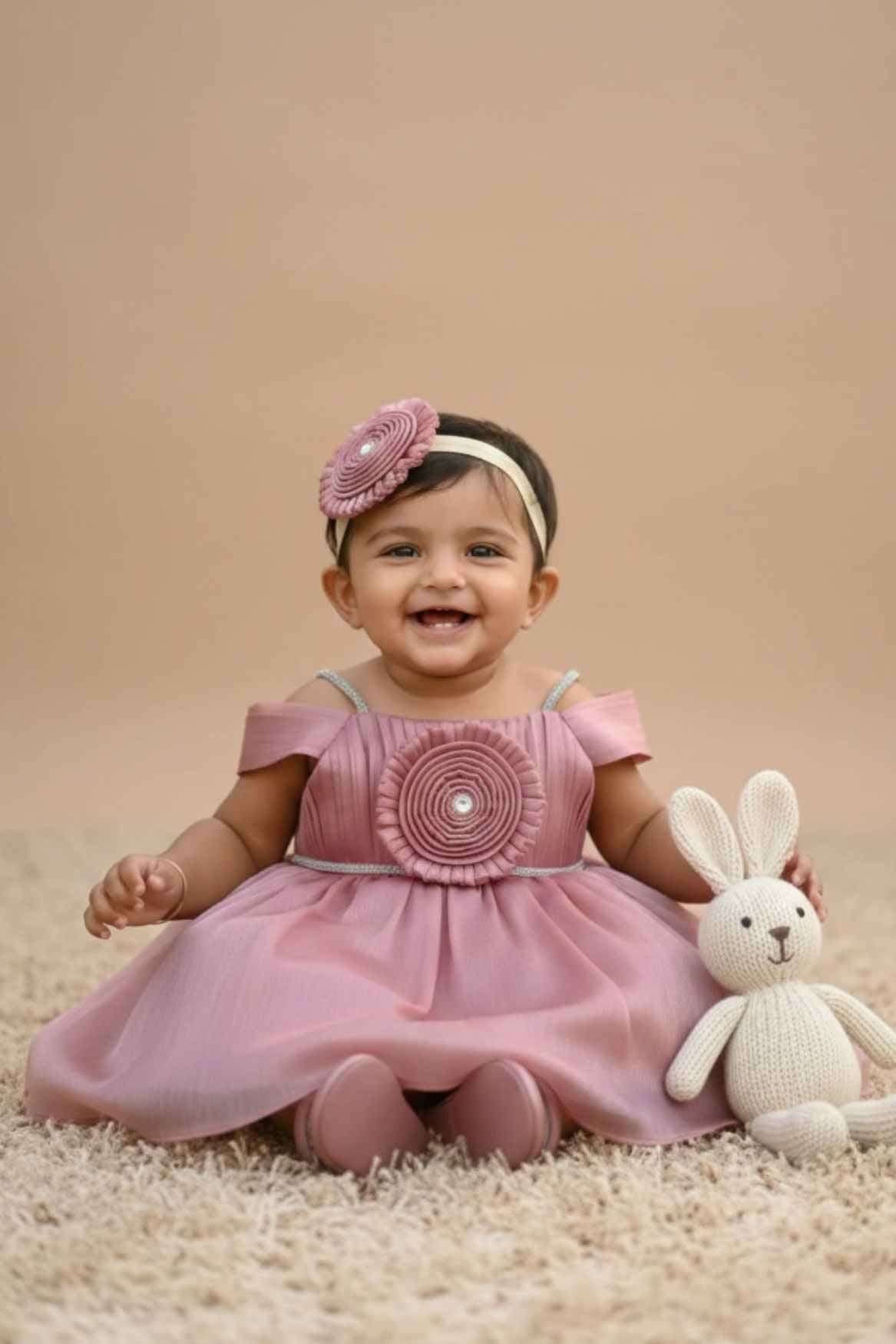 Onion Pink Party Frock with Pleated Flower Appliqué and Shimmer Finish For Girls