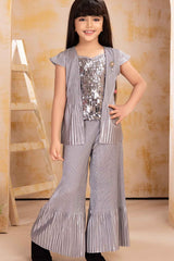 Silver Sequins Work Party Wear Palazzo Set With Overcoat For Girls