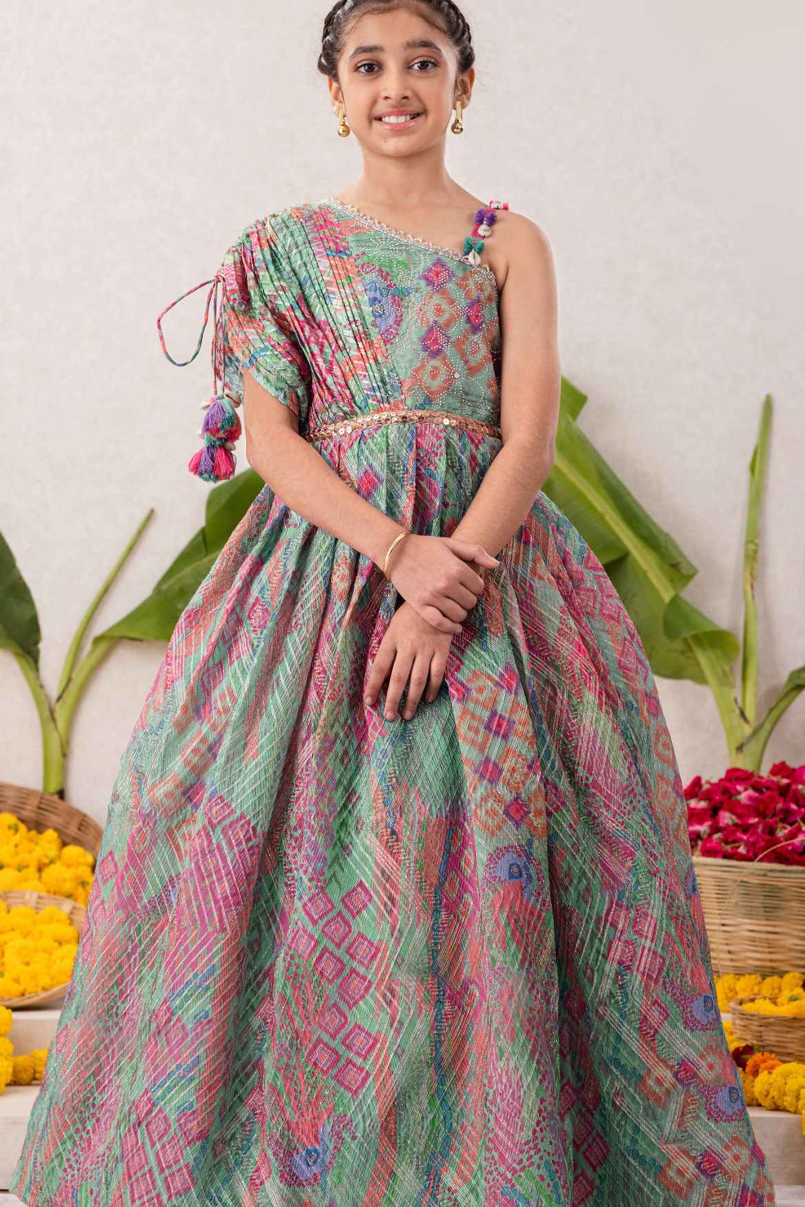 Multicolor Sequins Work And Zari Embroidered Gown With Floral Printed For Girls