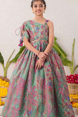 Yellow Sequins Work And Zari Embroidered Gown With Floral Printed For Girls