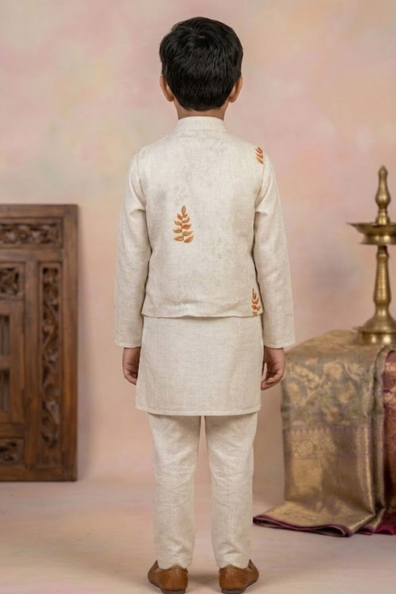 Ivory Kurta Pyjama Set with Tropical Printed Nehru Jacket For Boys
