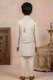 Ivory Kurta Pyjama Set with Tropical Printed Nehru Jacket For Boys