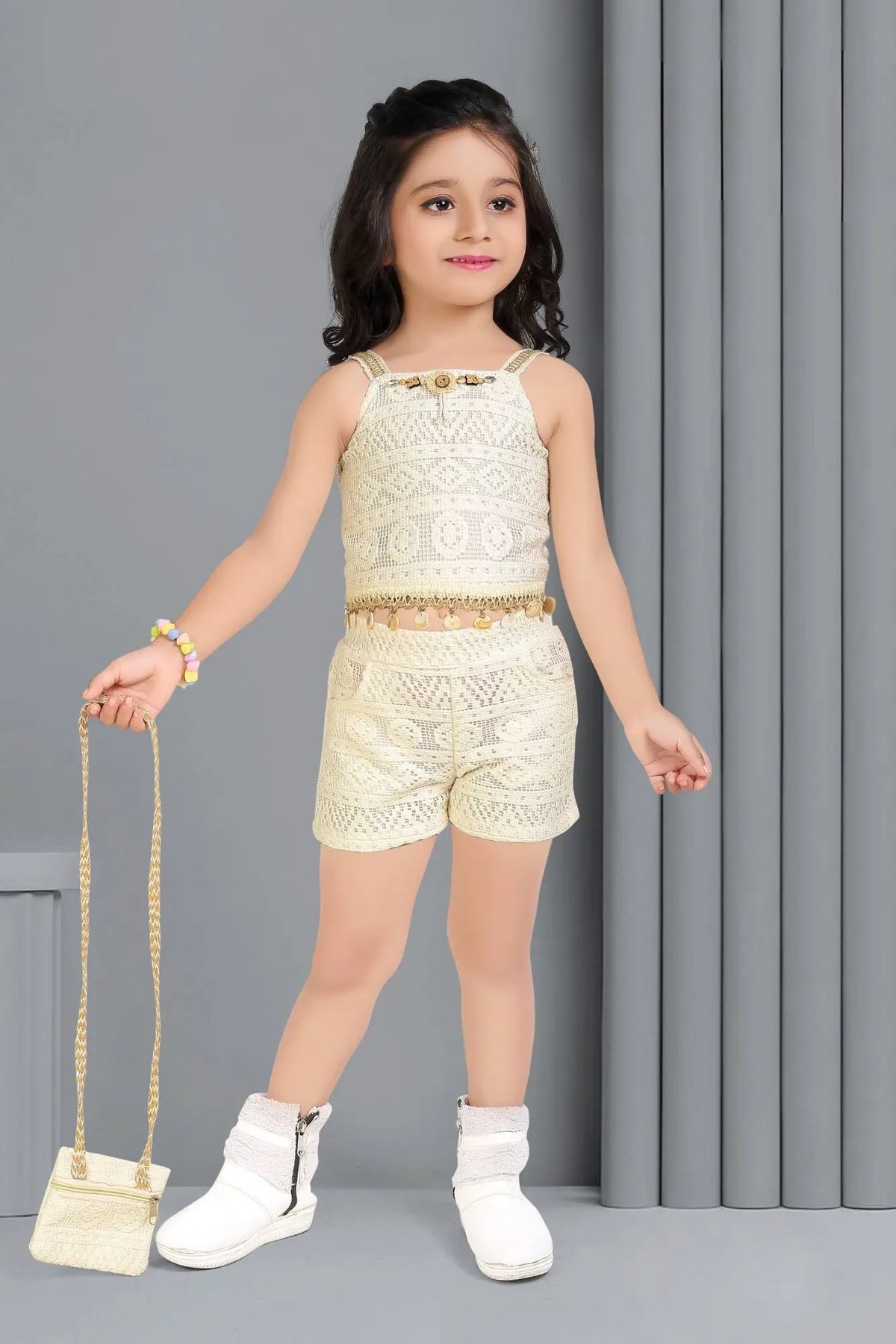 Ivory Crochet Co-ord Set with Belt And Purse For Girls