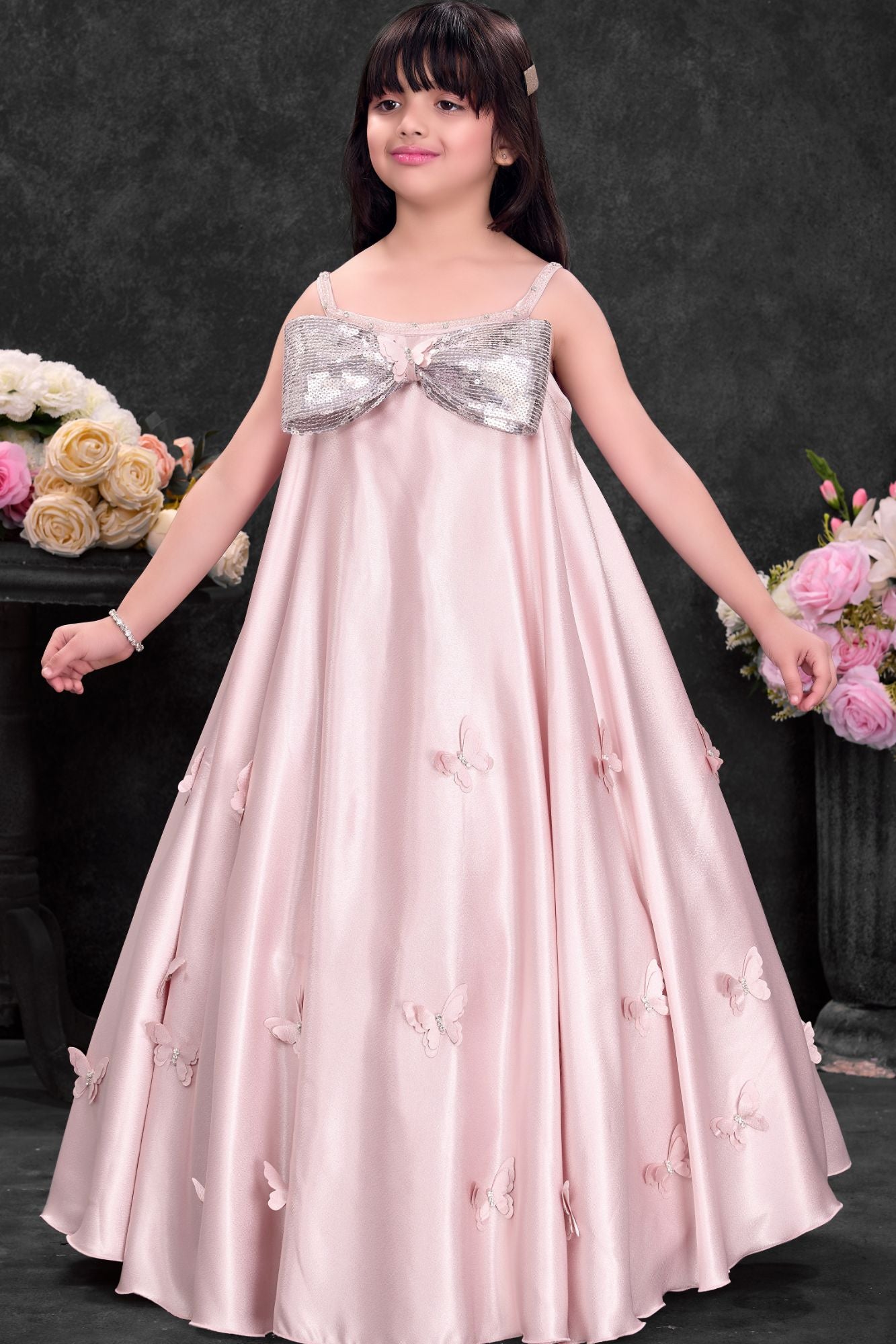 Blush Pink Party Wear Gown With Sequin Bow And Butterfly Applique For Girls