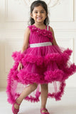 Rani Pink Floral Appliqué Layered High-Low Party Wear Frock For Girls