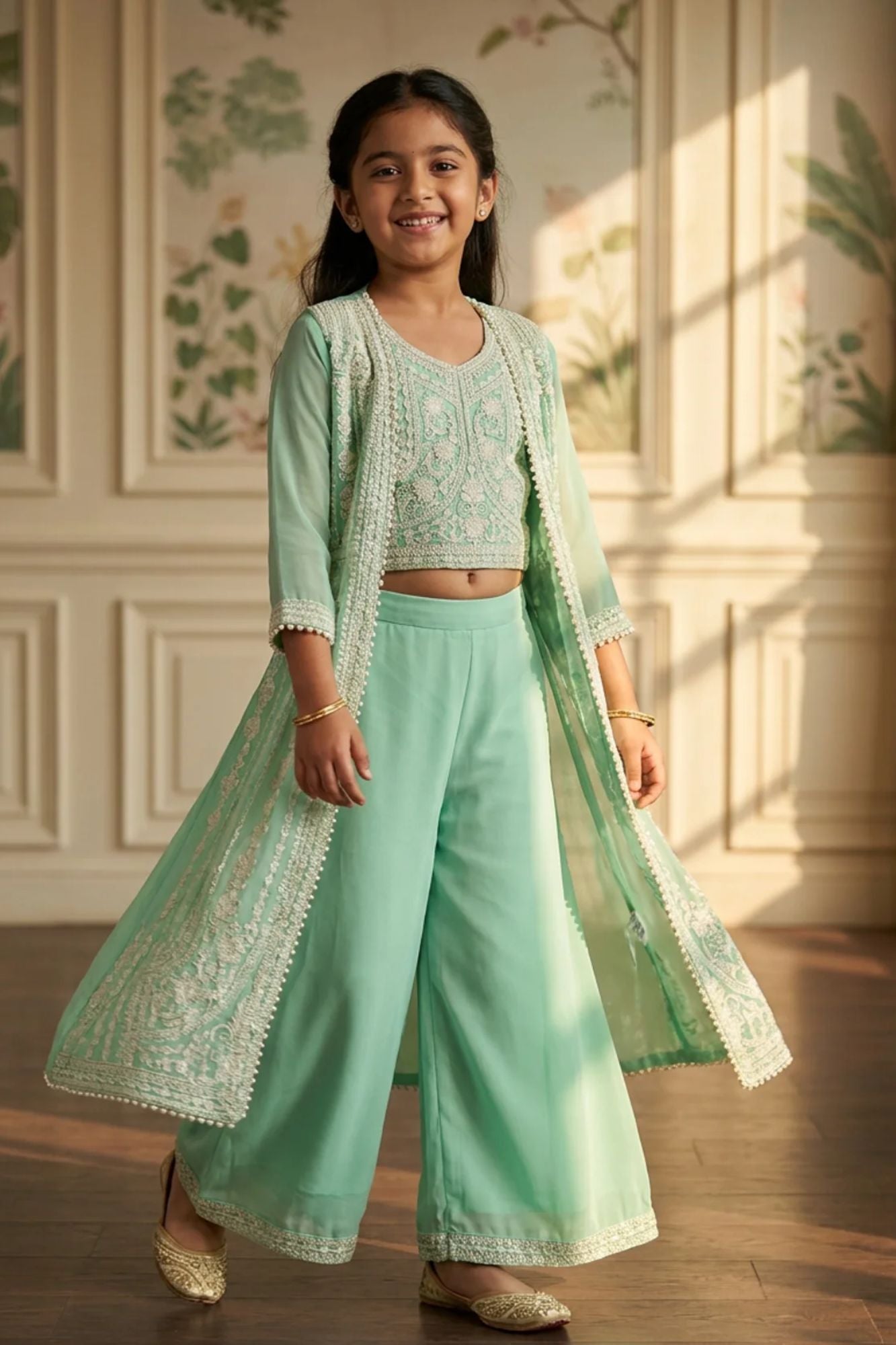 Pista Green Embroidered Palazzo Set with Jacket For Girls