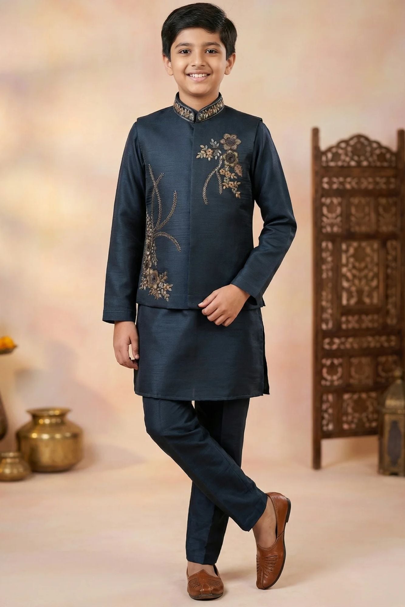 Boys Navy Blue Kurta Set with Embroidered Nehru Jacket