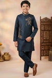 Boys Navy Blue Kurta Set with Embroidered Nehru Jacket
