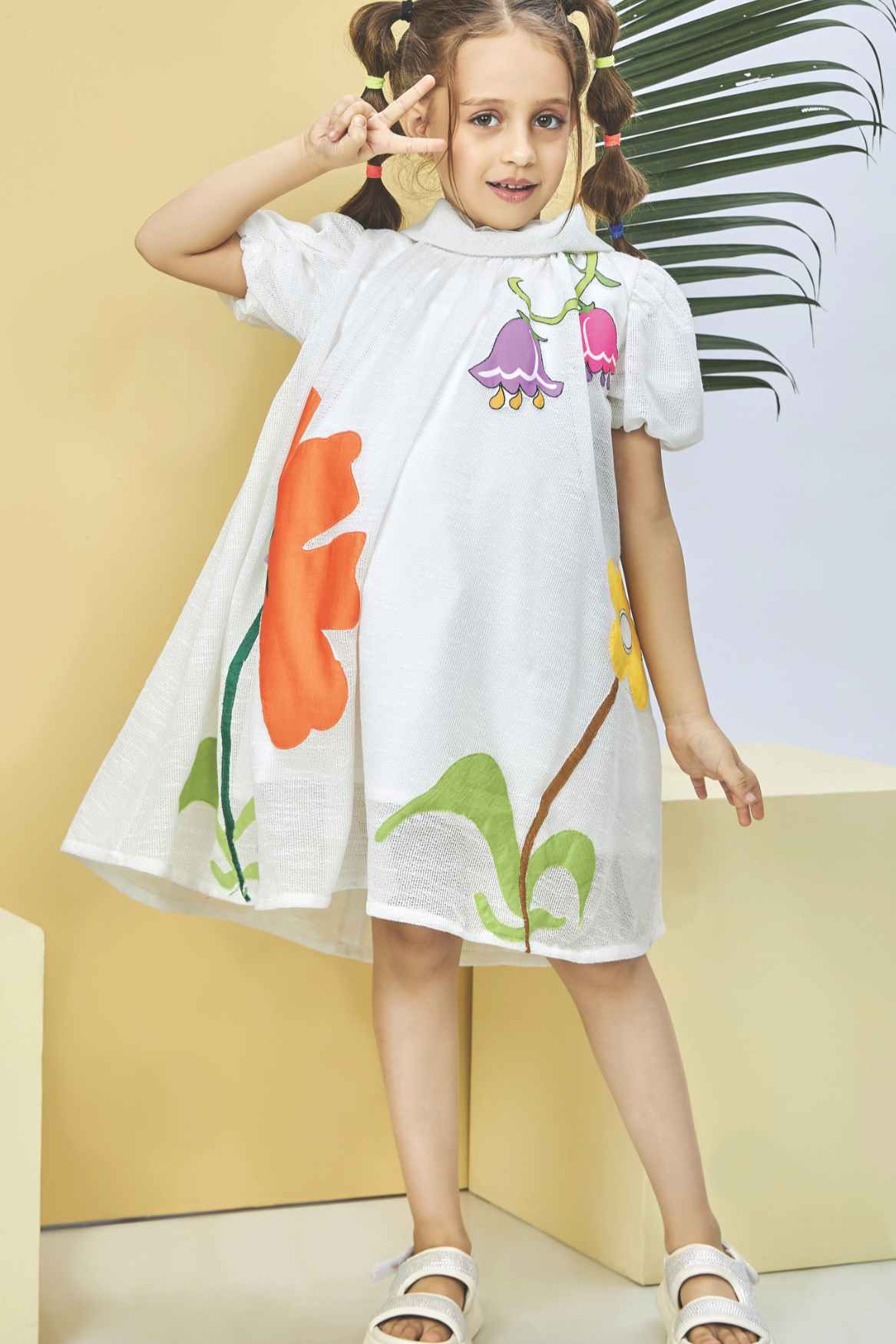 White Colorful Floral Printed Dress For Girls
