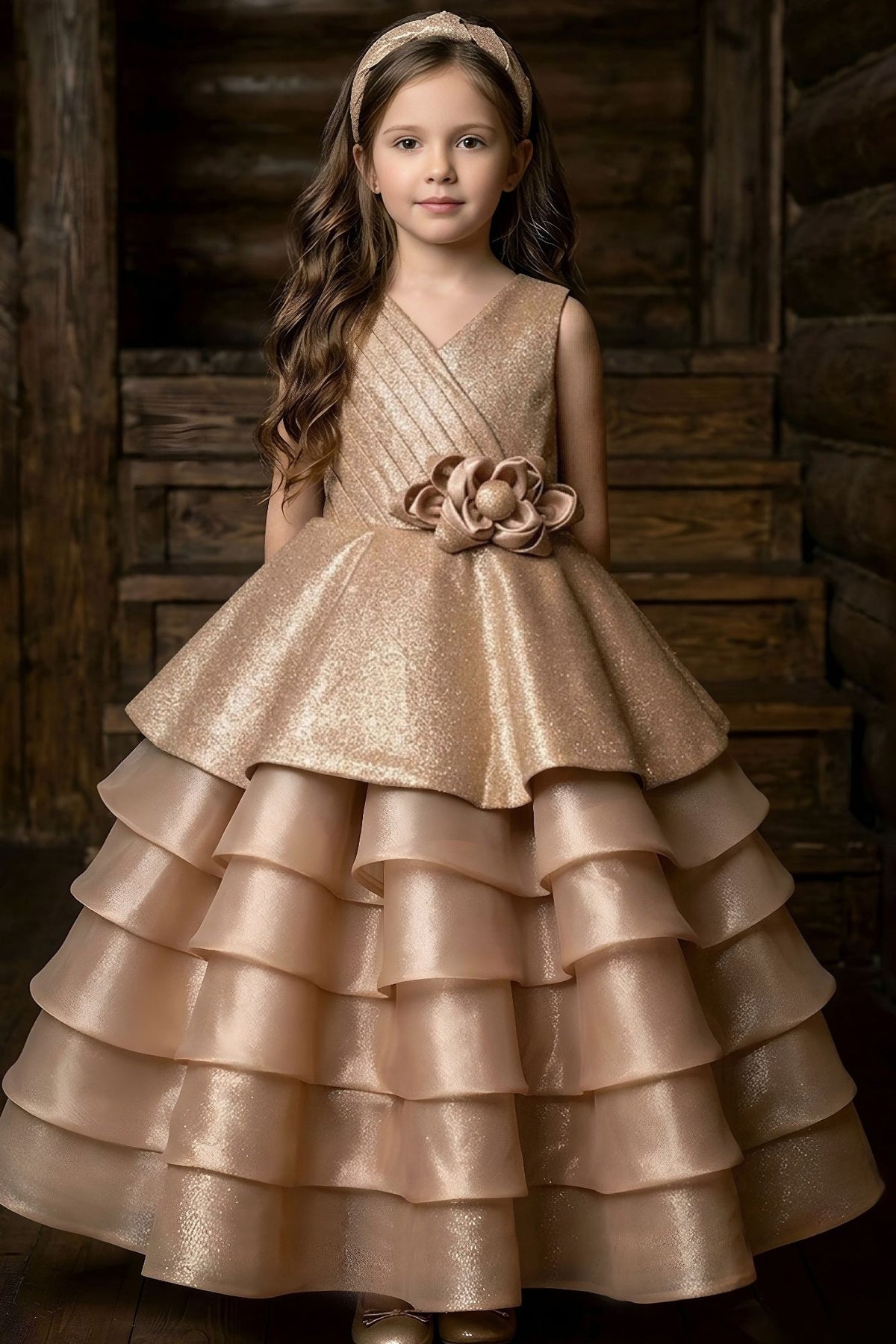 Girls Champagne Gold Party Wear Gown With Layered Ruffles