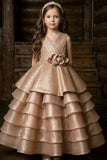 Girls Champagne Gold Party Wear Gown With Layered Ruffles
