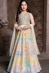 Cream Sequin And Embroidery Work Lehenga Choli Set For Girls