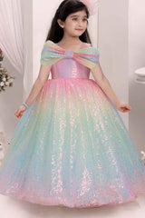 Multicolor Sequin Gown With Bow Embellishment For Girls