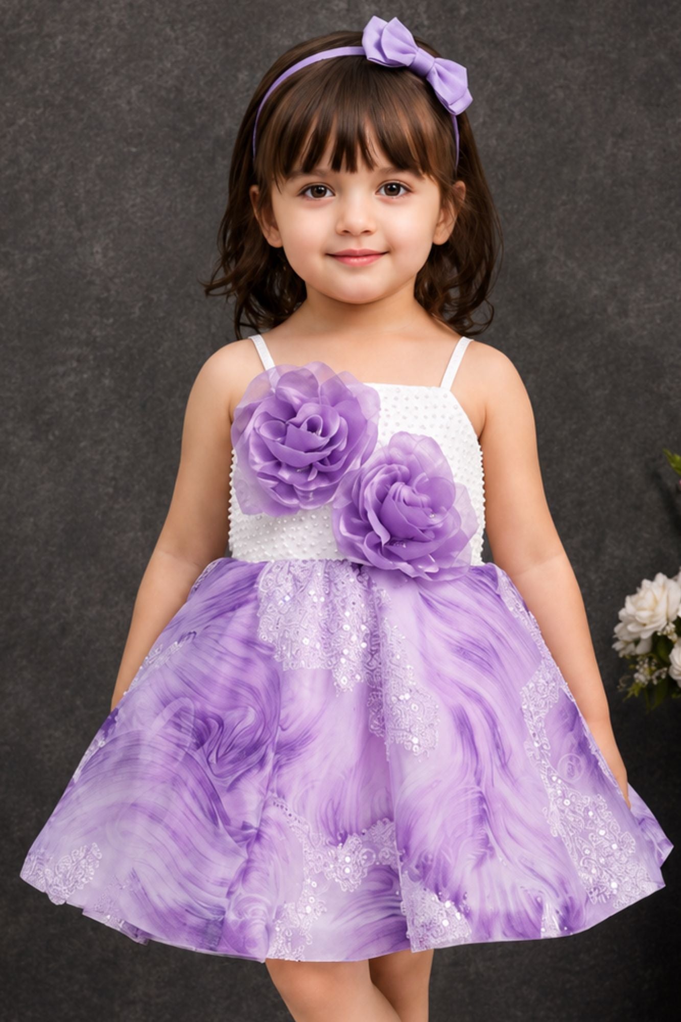 White & Lavender Sequin Embellished Party Wear Frock With 3D Floral Applique