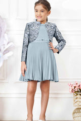 Stylish Grey Casual Frock With Embroidered Overcoat For Girl