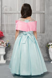 Aqua Blue Sleeveless Gown with Oversized Dusty Pink Bow for Girls