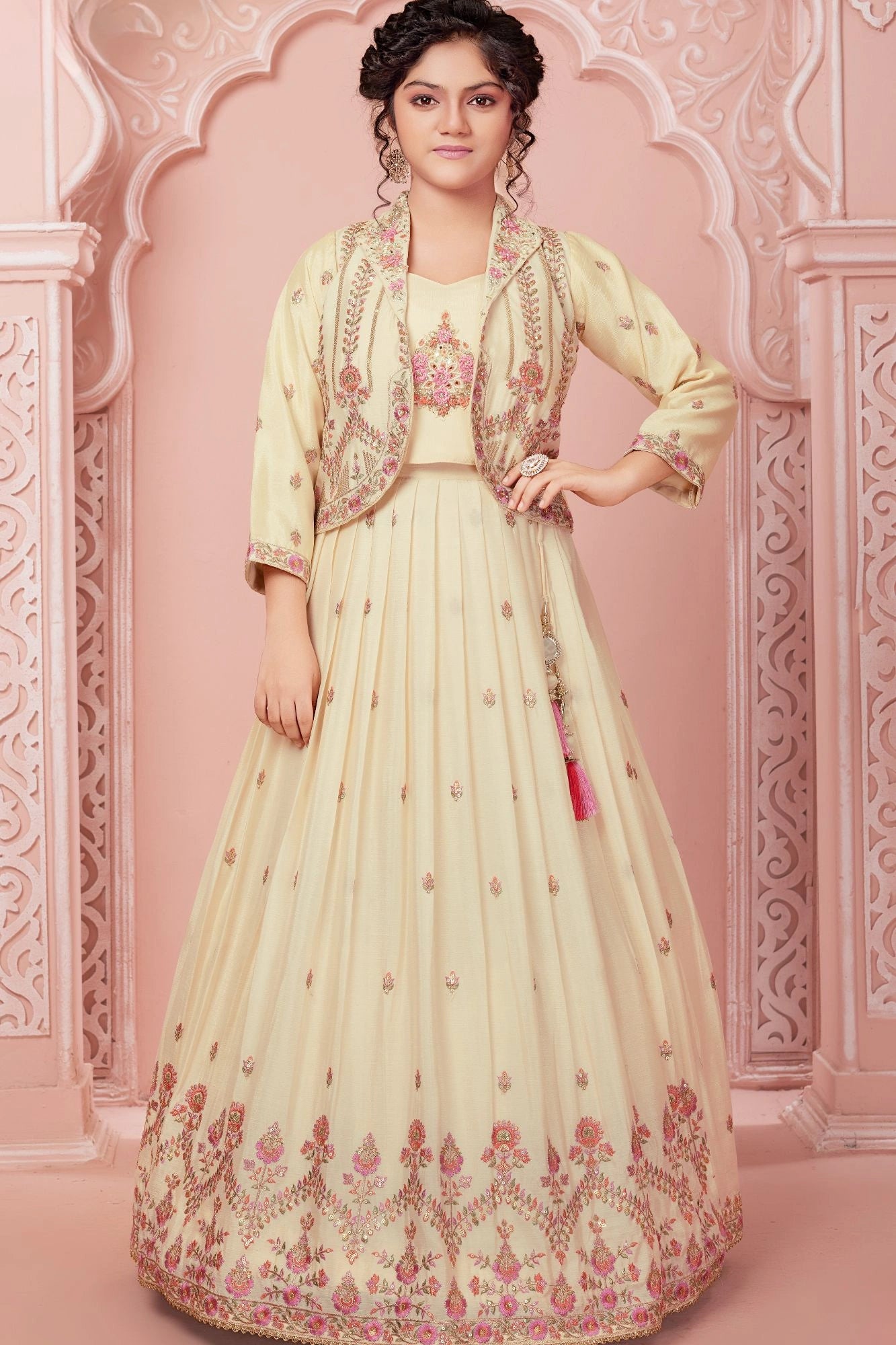 Ivory 3-Piece Embroidered Jacket Lehenga Set for Girls