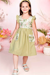 Olive Green Cotton Frock With Butterfly Print For Girls