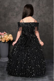 Midnight Sparkle Black Sequin Off-Shoulder Party Gown For Girls