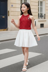 Red Sequin Halter Top & White Pleated Skirt Co-ord Set For Girls