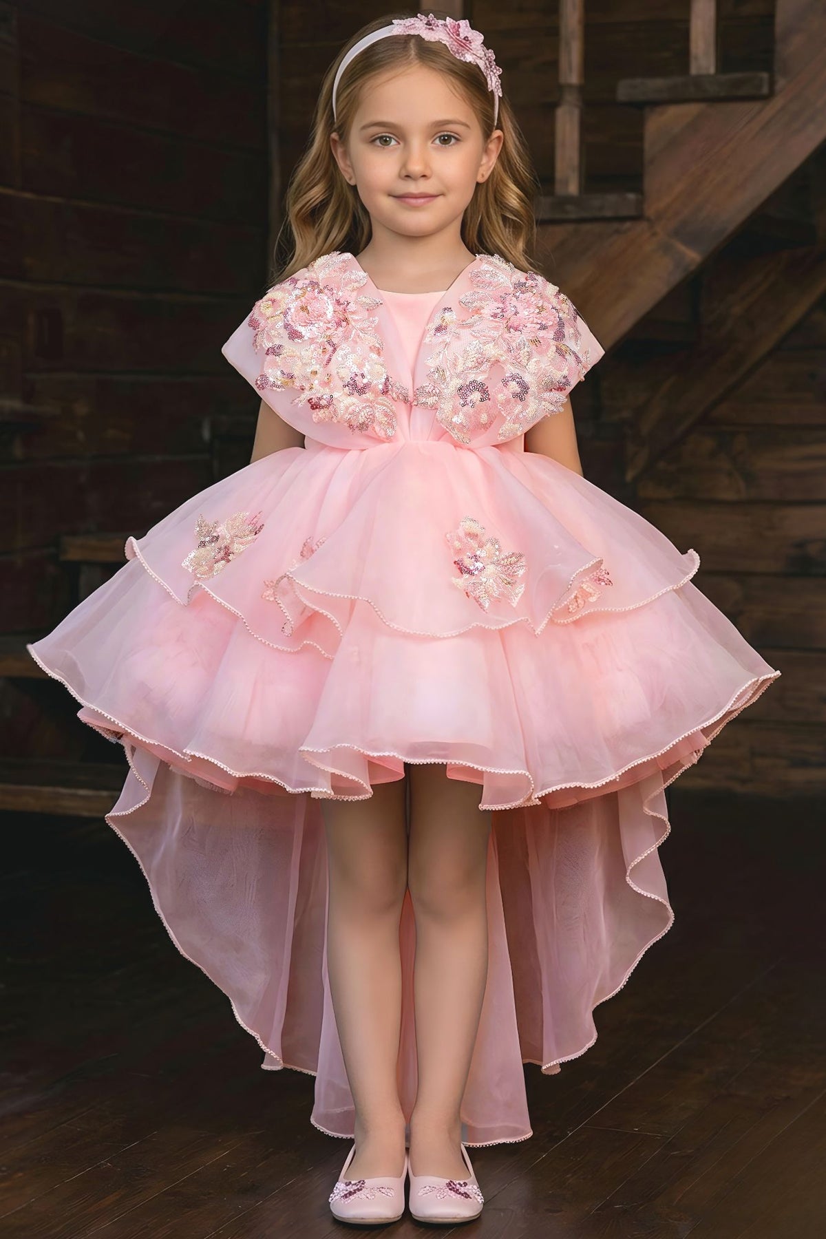 Girls Blush Pink Floral High-Low Party Wear Frock
