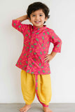 Vibrant Pink And Yellow Dhoti Kurta Set With Peacock Feather Print For Boys