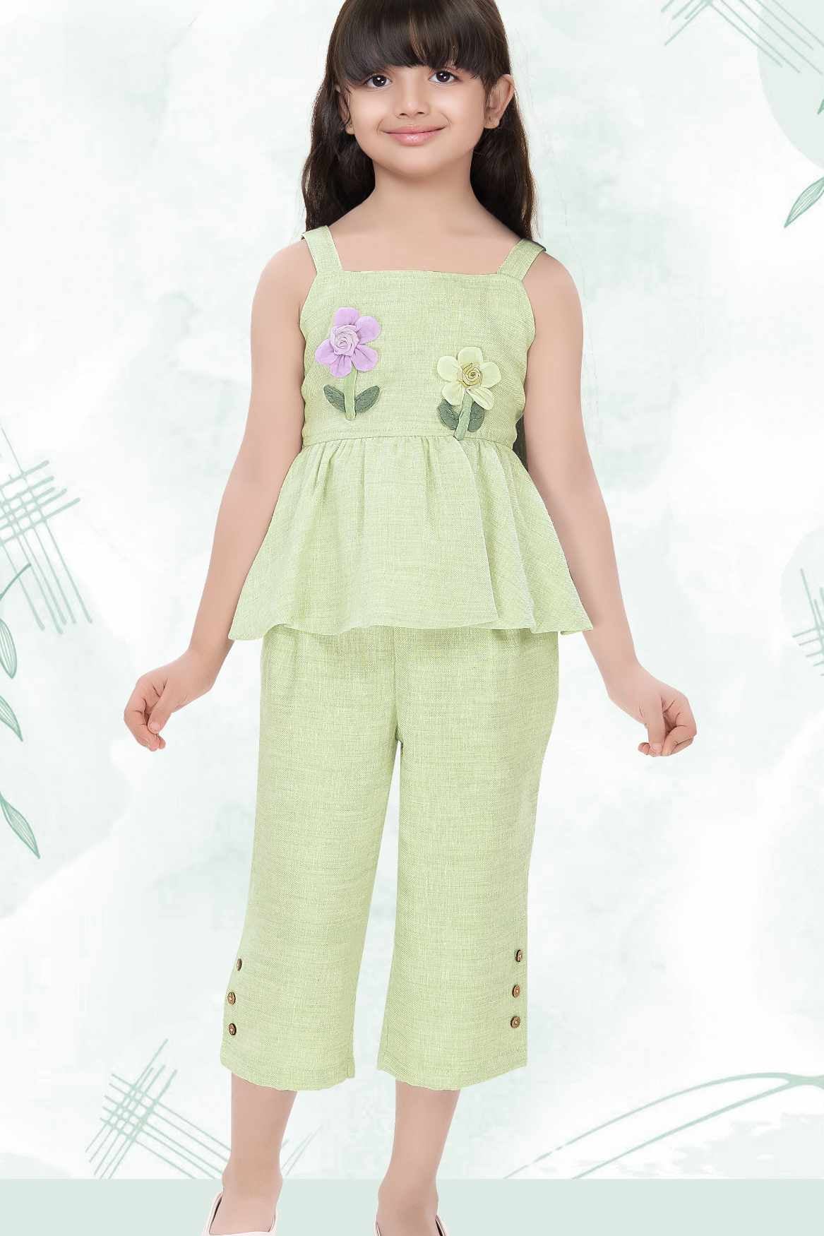 Pistachio Green Floral Appliqué And Palazzo Set For Girls