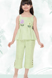 Pistachio Green Floral Appliqué And Palazzo Set For Girls