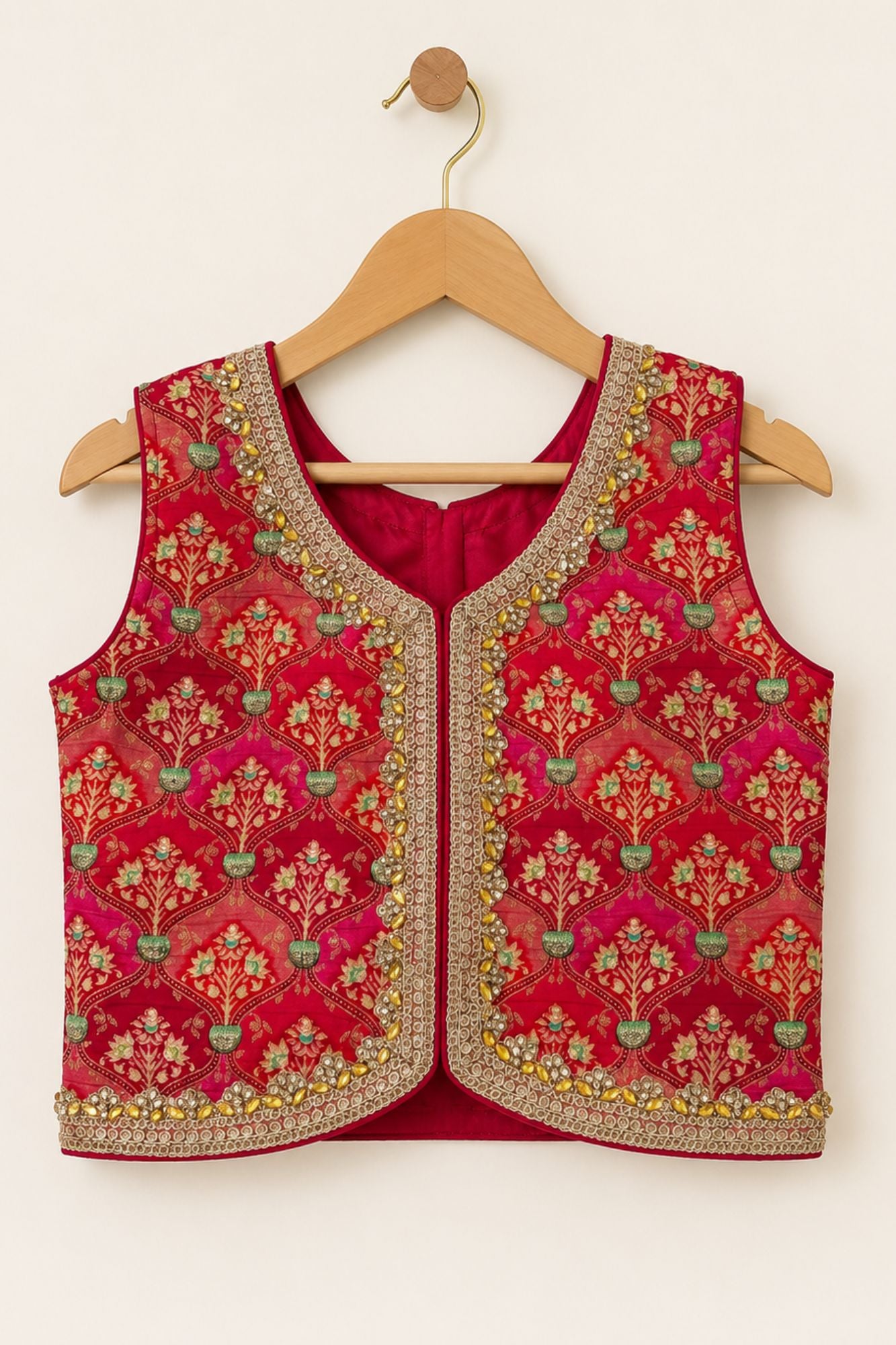 Green And Red Embroidered Lehenga Choli Set with Dupatta for Girls
