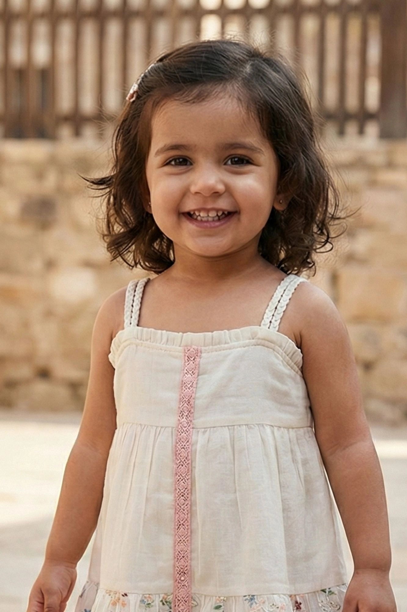 Cream Floral Strappy Dress for Girls