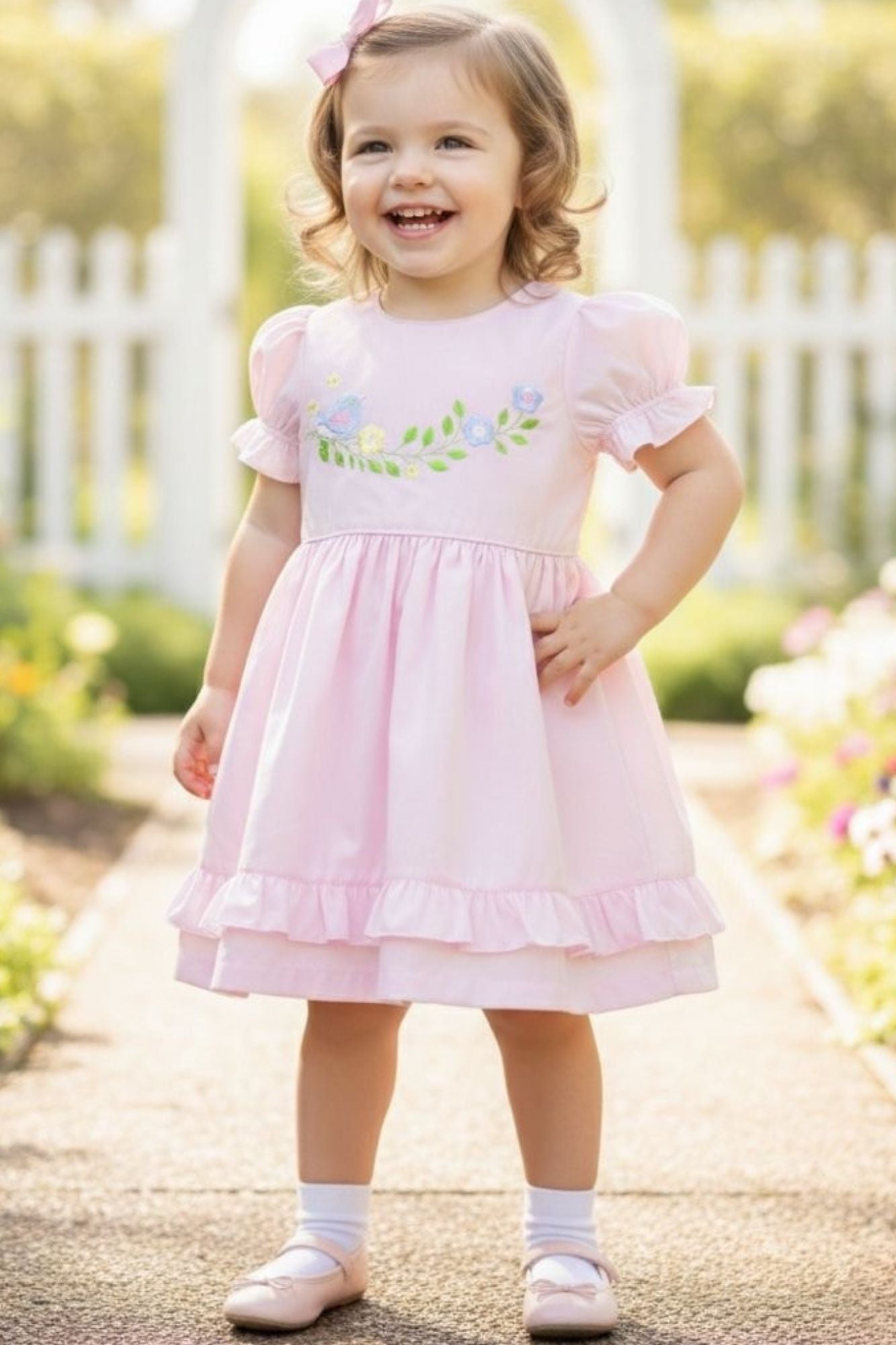Girls Pink Floral Embroidered Fit And Flare Frock