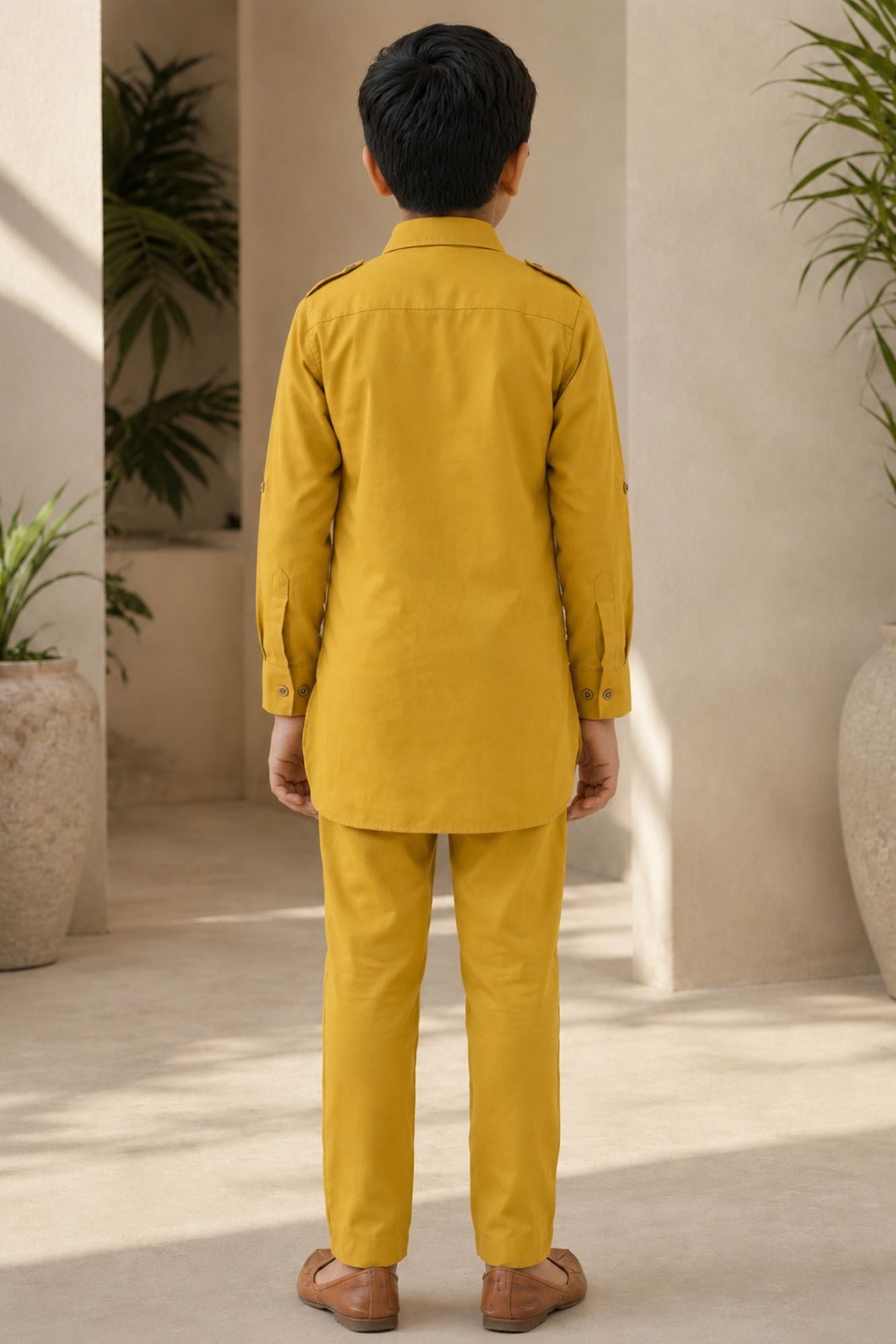 Mustard Yellow Pathani Set With Shirt Collar Design For Boys