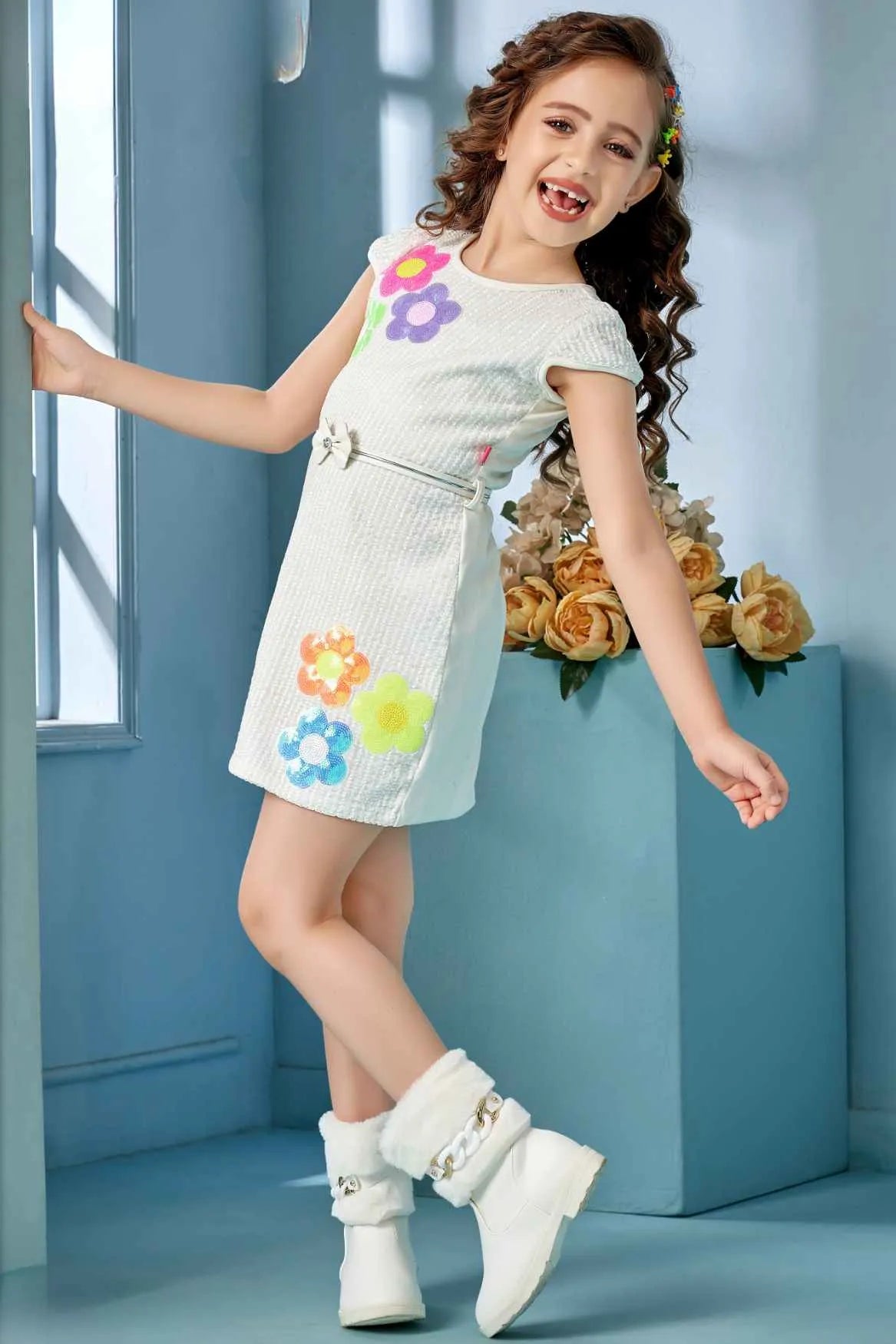 White Shift Dress with Colorful Floral Appliqué For Girls