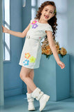 White Shift Dress with Colorful Floral Appliqué For Girls