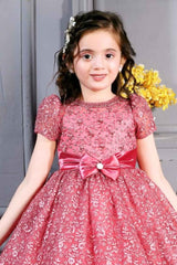 Peach Embroidered Frock With Bow Embellished For Girls