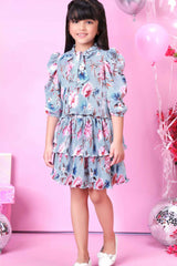 Sky Blue Puffed Sleeves Floral Printed Top And Skirt Set For Girls